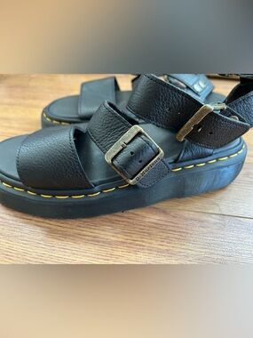 Dr. Martens Black Leather Platform Sandals with Yellow Stitching